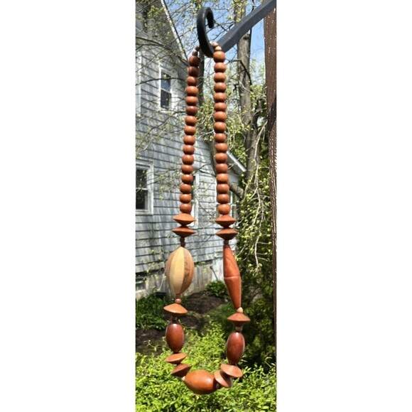 Vtg Boho Exotic Large Wood Beaded Strand Necklace 11 in Brown Tan Barrel Clasp - Picture 1 of 5